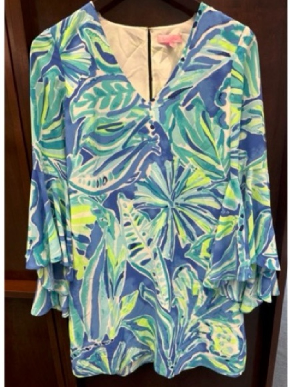 HTF Lilly Pulitzer Rosalia Dress Blue Green Palm Passage Flounce Sleeves